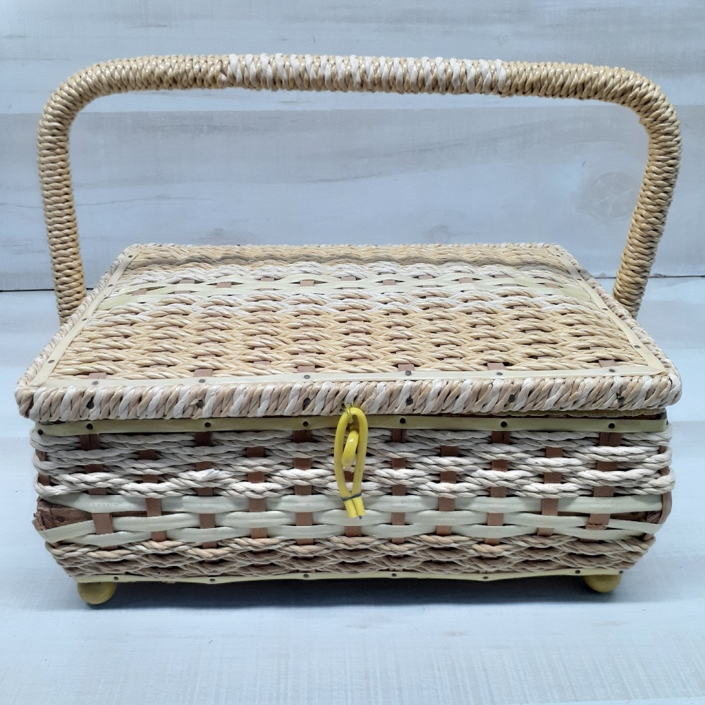 Vintage Yellow 1970s Dritz yellow sewing basket Satin Lined Tuffed Pin Cush